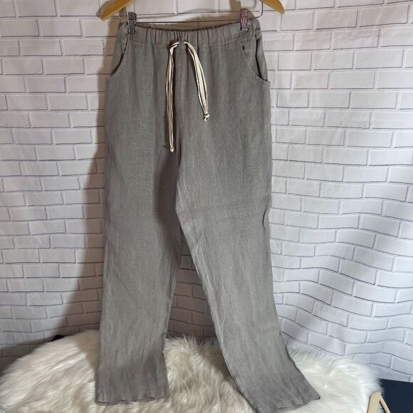 Suzy D London Tan Linen Drawstring Pants Sz M - Picture 2 of 12